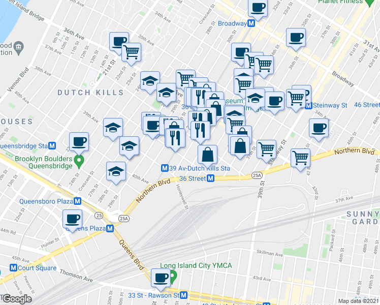 map of restaurants, bars, coffee shops, grocery stores, and more near 37-24 33rd Street in Queens