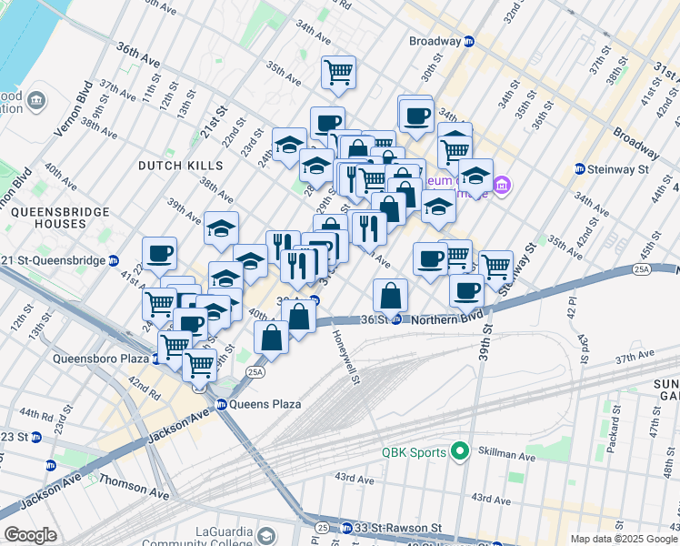 map of restaurants, bars, coffee shops, grocery stores, and more near 38-03 31st Street in Queens