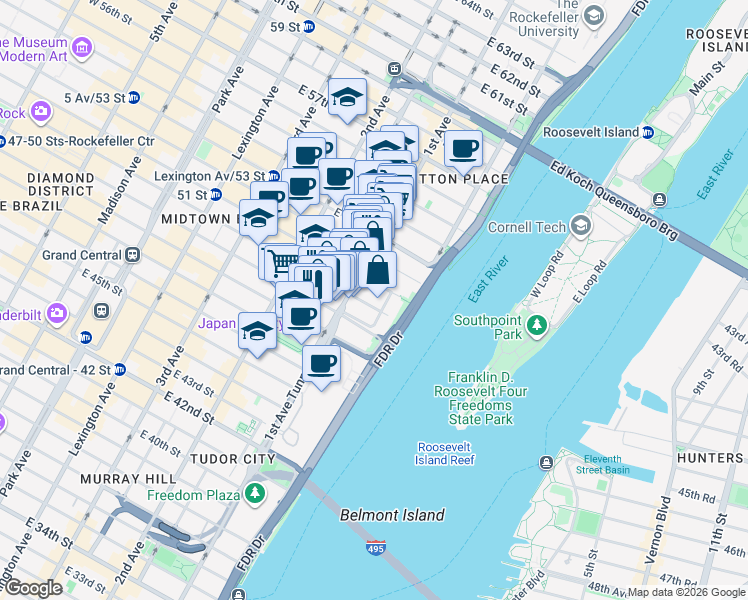 map of restaurants, bars, coffee shops, grocery stores, and more near 427 East 50th Street in New York