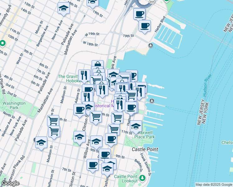 map of restaurants, bars, coffee shops, grocery stores, and more near 201 14th Street in Hoboken