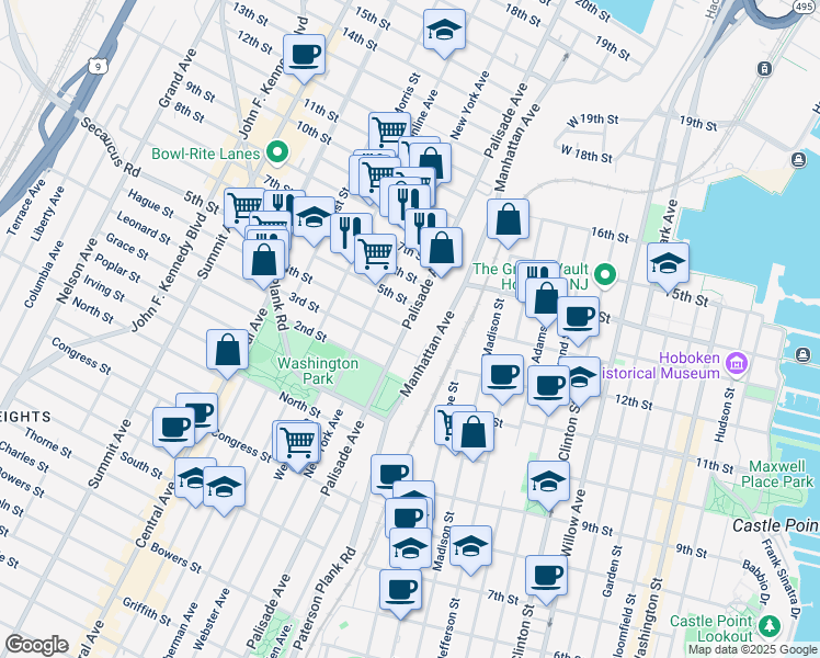 map of restaurants, bars, coffee shops, grocery stores, and more near 307 Palisade Avenue in Union City