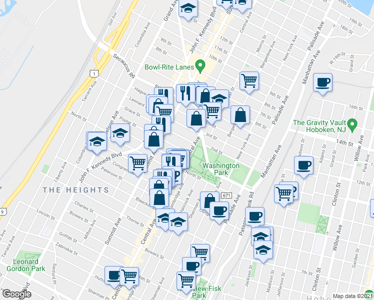 map of restaurants, bars, coffee shops, grocery stores, and more near 551 Central Avenue in Jersey City