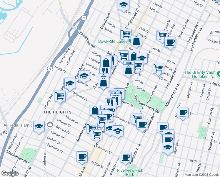 map of restaurants, bars, coffee shops, grocery stores, and more near 34 Irving Street in Jersey City