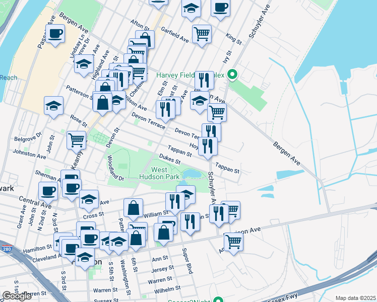 map of restaurants, bars, coffee shops, grocery stores, and more near 126 Tappan Street in Kearny