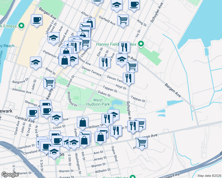 map of restaurants, bars, coffee shops, grocery stores, and more near 126 Tappan Street in Kearny