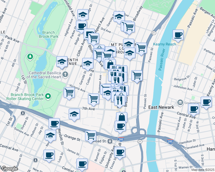 map of restaurants, bars, coffee shops, grocery stores, and more near 27 Webster Street in Newark