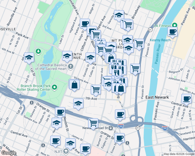 map of restaurants, bars, coffee shops, grocery stores, and more near 85 Summer Avenue in Newark