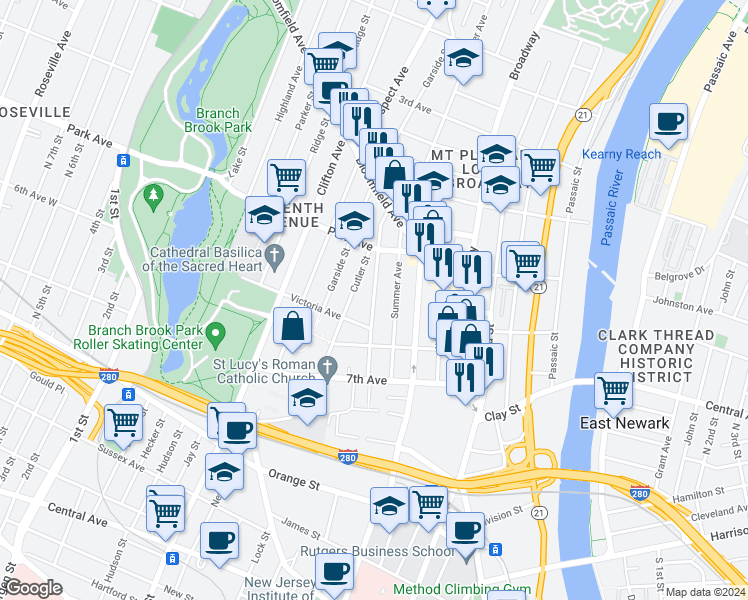 map of restaurants, bars, coffee shops, grocery stores, and more near 64 Stone Street in Newark