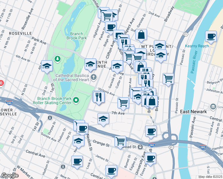 map of restaurants, bars, coffee shops, grocery stores, and more near 39 6th Avenue in Newark