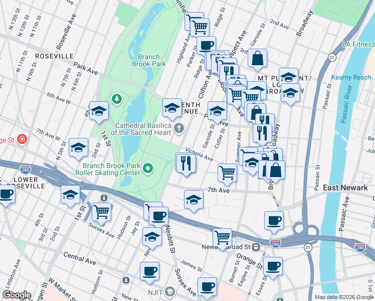 map of restaurants, bars, coffee shops, grocery stores, and more near 115 Clifton Avenue in Newark