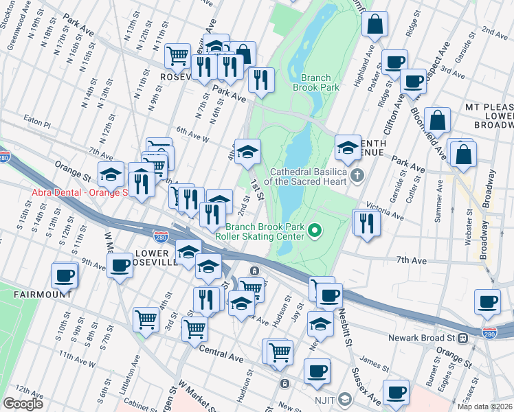 map of restaurants, bars, coffee shops, grocery stores, and more near 301 7th Avenue in Newark
