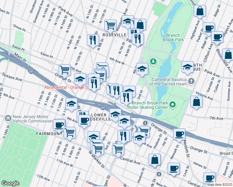 map of restaurants, bars, coffee shops, grocery stores, and more near 164 North 5th Street in Newark