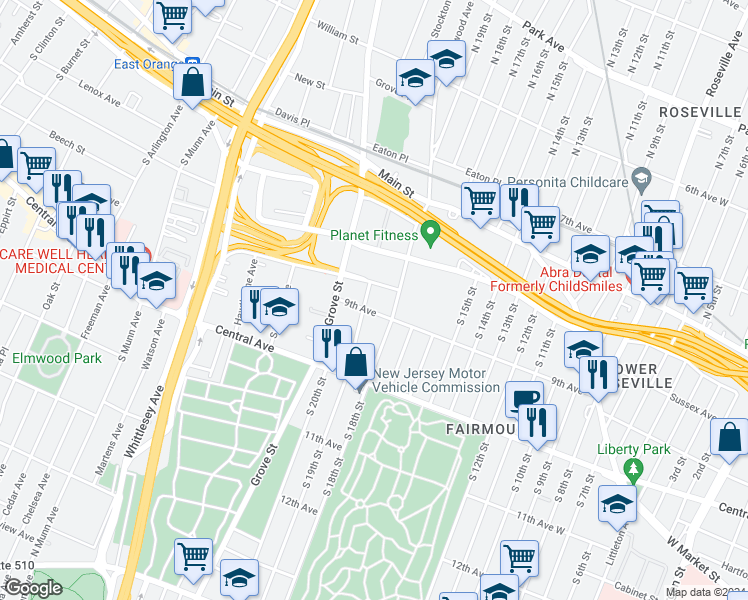 map of restaurants, bars, coffee shops, grocery stores, and more near 96 Hollywood Avenue in East Orange