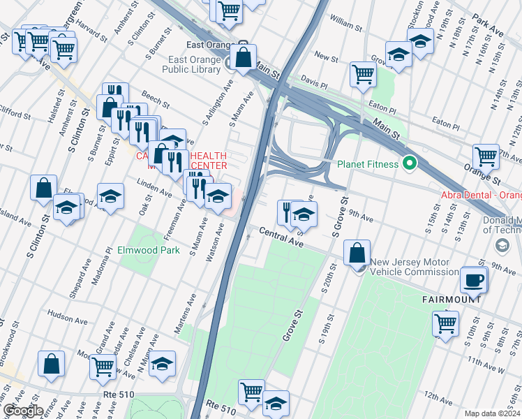 map of restaurants, bars, coffee shops, grocery stores, and more near 87 Hawthorne Avenue in East Orange