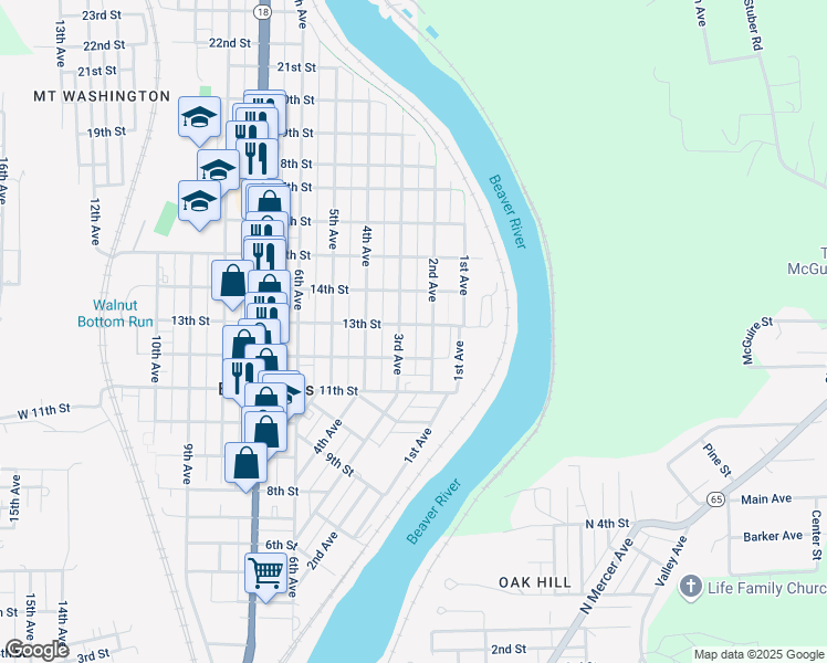 map of restaurants, bars, coffee shops, grocery stores, and more near 1217 2nd Avenue in Beaver Falls