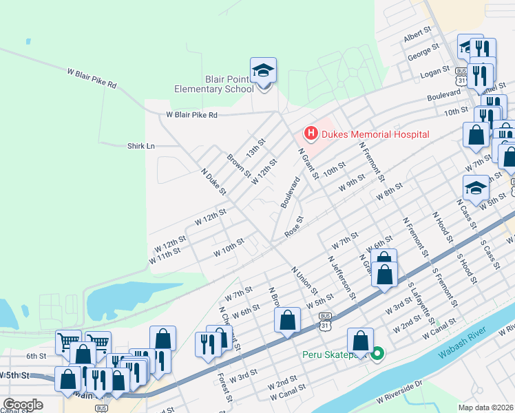map of restaurants, bars, coffee shops, grocery stores, and more near 301-351 N Duke St in Peru