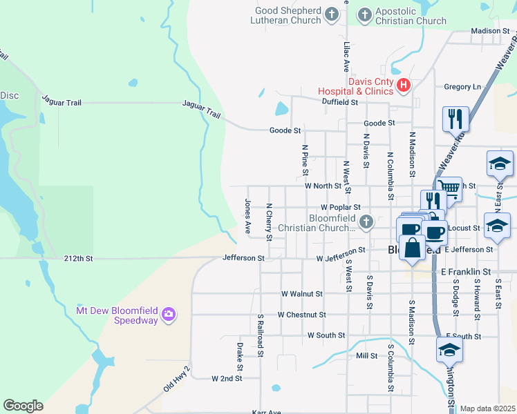 map of restaurants, bars, coffee shops, grocery stores, and more near 301-399 North Cherry Street in Bloomfield