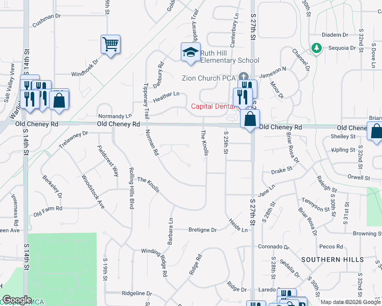 map of restaurants, bars, coffee shops, grocery stores, and more near 5901 The Knolls in Lincoln