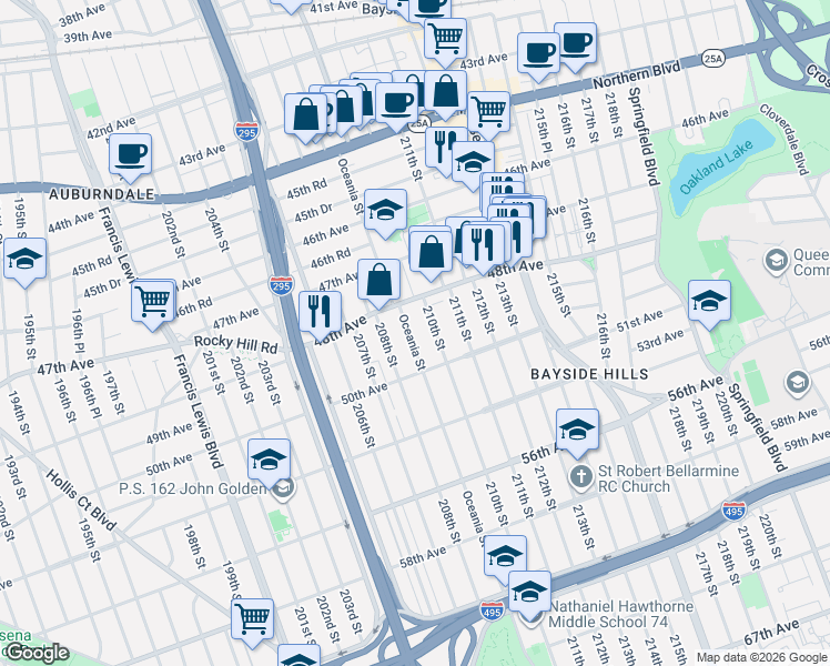 map of restaurants, bars, coffee shops, grocery stores, and more near 48-29 Oceania Street in Queens