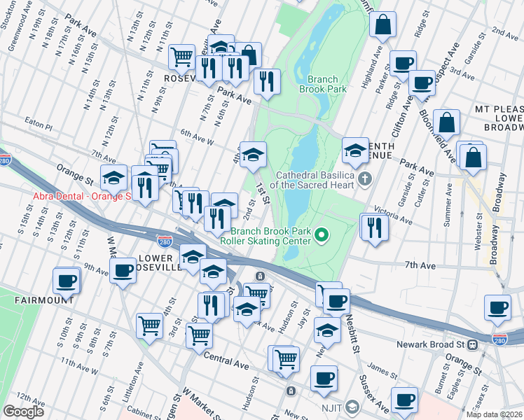 map of restaurants, bars, coffee shops, grocery stores, and more near 301 7th Avenue in Newark