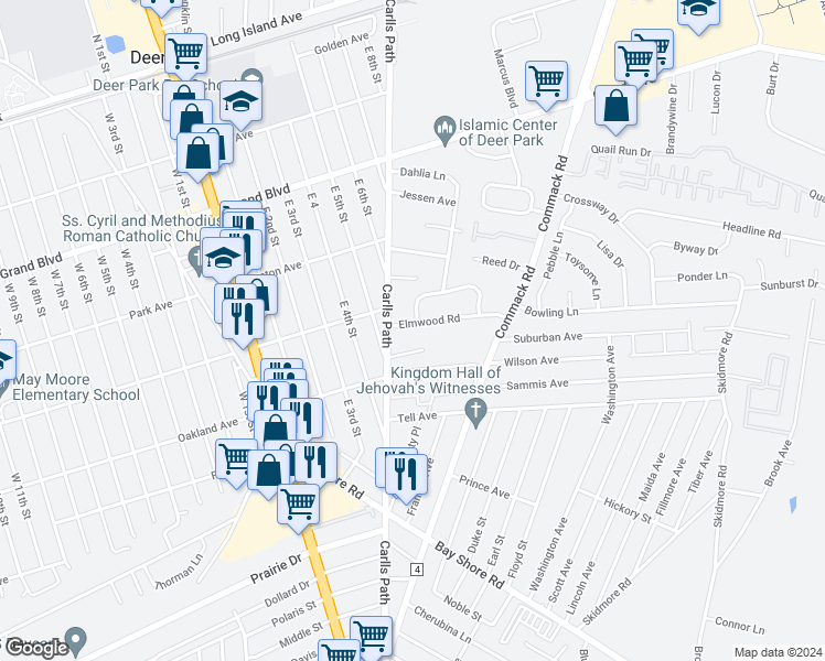 map of restaurants, bars, coffee shops, grocery stores, and more near 5 Elmwood Road in Deer Park