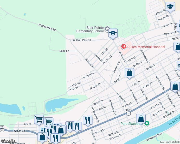 map of restaurants, bars, coffee shops, grocery stores, and more near 500 Oak Street in Peru