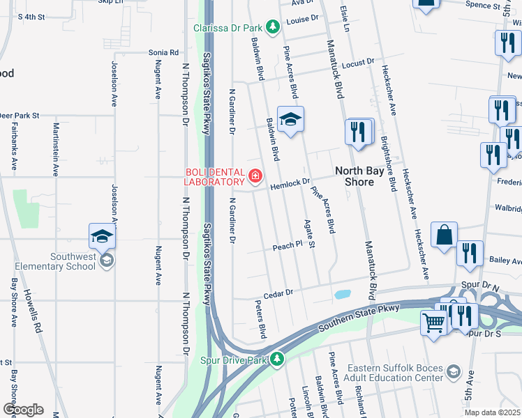 map of restaurants, bars, coffee shops, grocery stores, and more near 1549 Potter Boulevard in Bay Shore