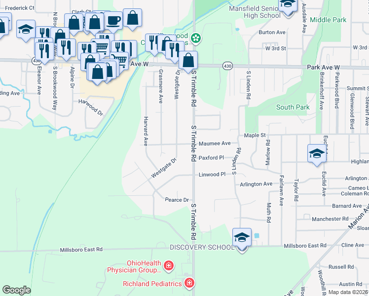 map of restaurants, bars, coffee shops, grocery stores, and more near 1015 Maumee Avenue in Mansfield