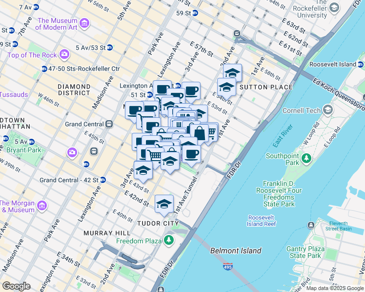 map of restaurants, bars, coffee shops, grocery stores, and more near 301 East 48th Street in New York