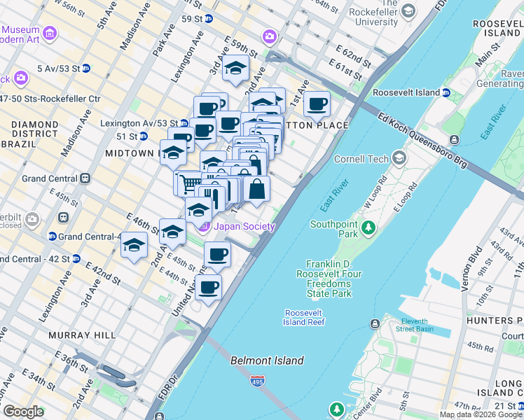 map of restaurants, bars, coffee shops, grocery stores, and more near 427 East 50th Street in New York