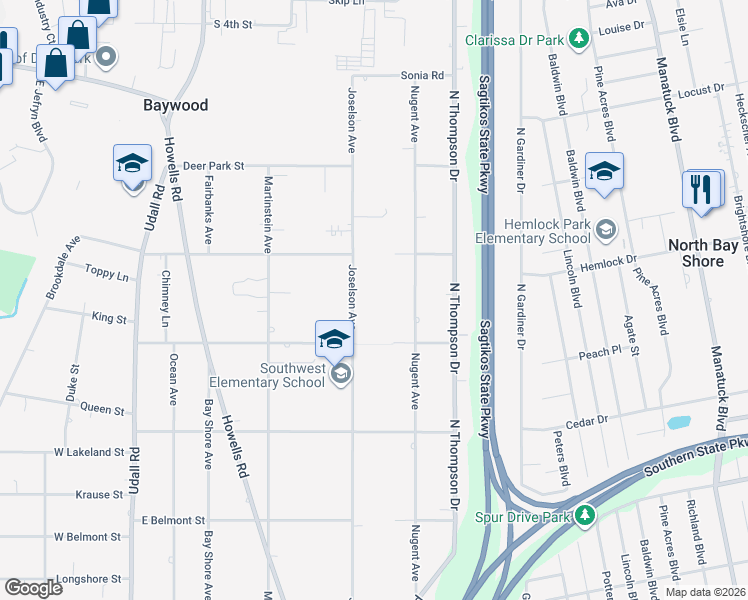 map of restaurants, bars, coffee shops, grocery stores, and more near 1108 Joselson Avenue in Bay Shore