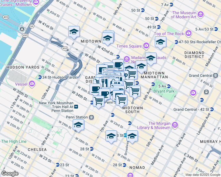 map of restaurants, bars, coffee shops, grocery stores, and more near 227 West 37th Street in New York