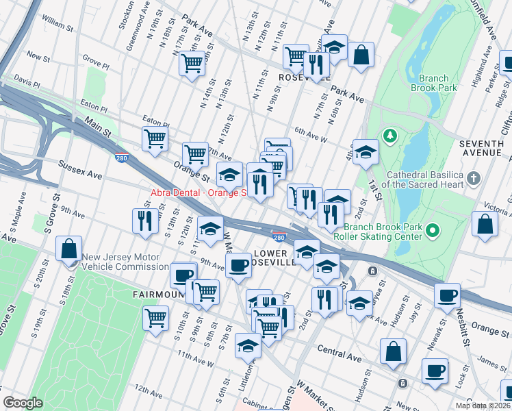 map of restaurants, bars, coffee shops, grocery stores, and more near 46A Myrtle Avenue in Newark