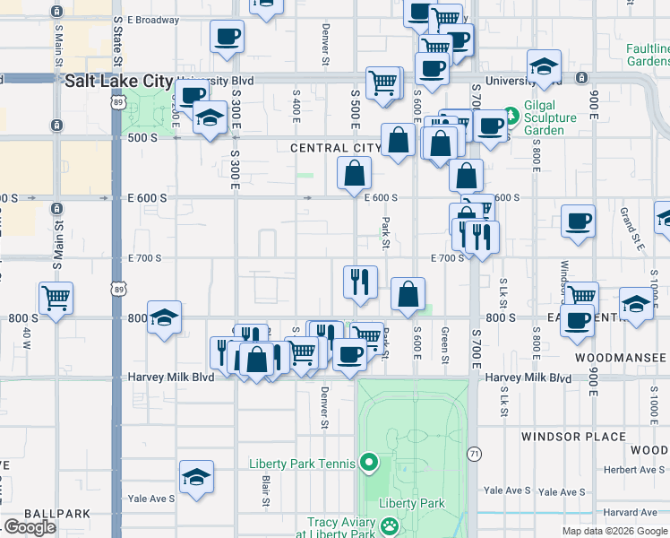 map of restaurants, bars, coffee shops, grocery stores, and more near 715 Gudgell Court East in Salt Lake City