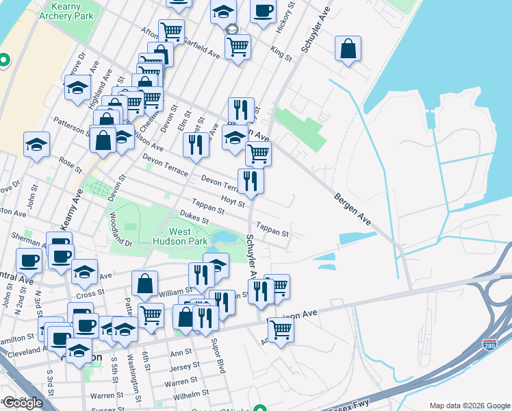 map of restaurants, bars, coffee shops, grocery stores, and more near 223 Hoyt Street in Kearny