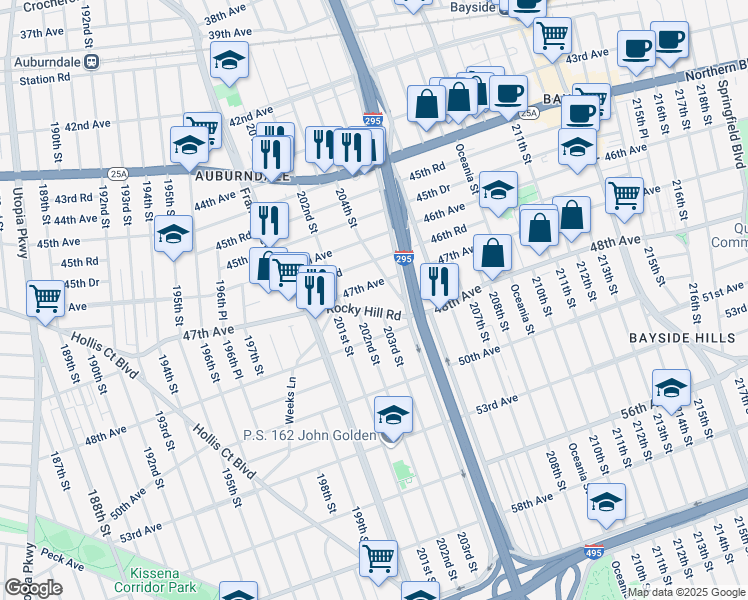 map of restaurants, bars, coffee shops, grocery stores, and more near 47-29 203rd Street in Queens