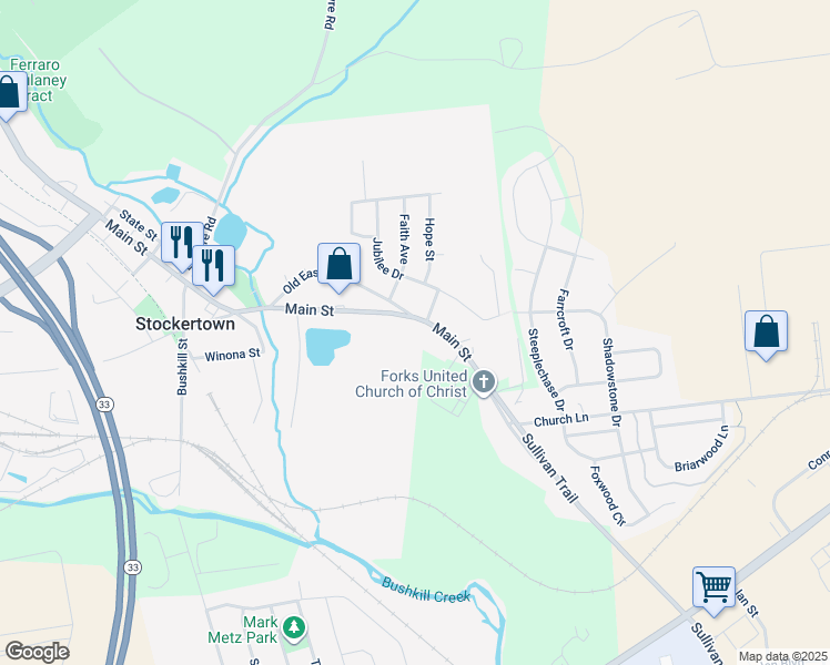 map of restaurants, bars, coffee shops, grocery stores, and more near 36 Main Street in Easton