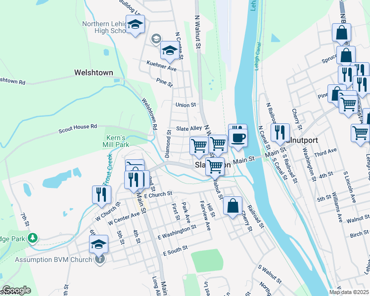 map of restaurants, bars, coffee shops, grocery stores, and more near 318-320 Chestnut Street in Slatington