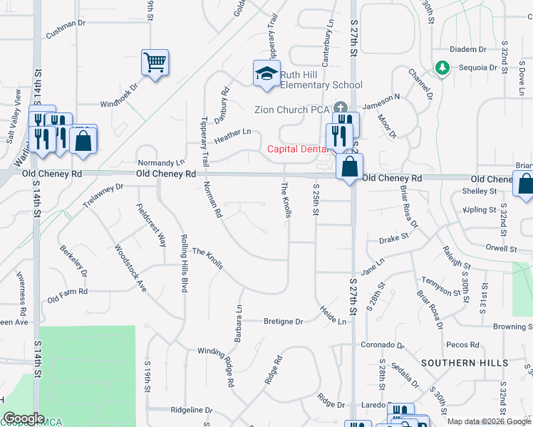 map of restaurants, bars, coffee shops, grocery stores, and more near 5901 The Knolls in Lincoln