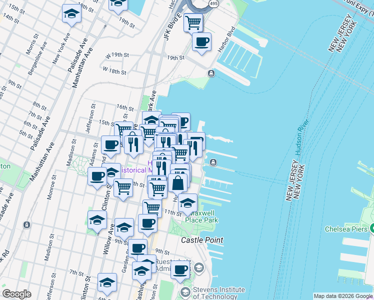 map of restaurants, bars, coffee shops, grocery stores, and more near 1501 Hudson Street in Hoboken
