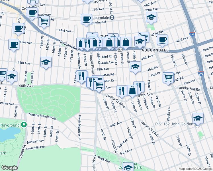 map of restaurants, bars, coffee shops, grocery stores, and more near 189-17 46th Avenue in Queens