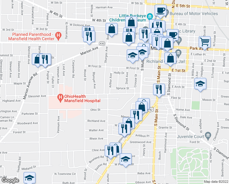 map of restaurants, bars, coffee shops, grocery stores, and more near 164 Glessner Avenue in Mansfield