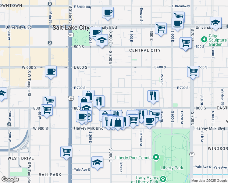 map of restaurants, bars, coffee shops, grocery stores, and more near 306 East 700 South in Salt Lake City