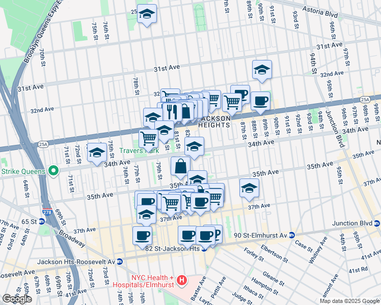 map of restaurants, bars, coffee shops, grocery stores, and more near 34-24 82nd Street in Queens