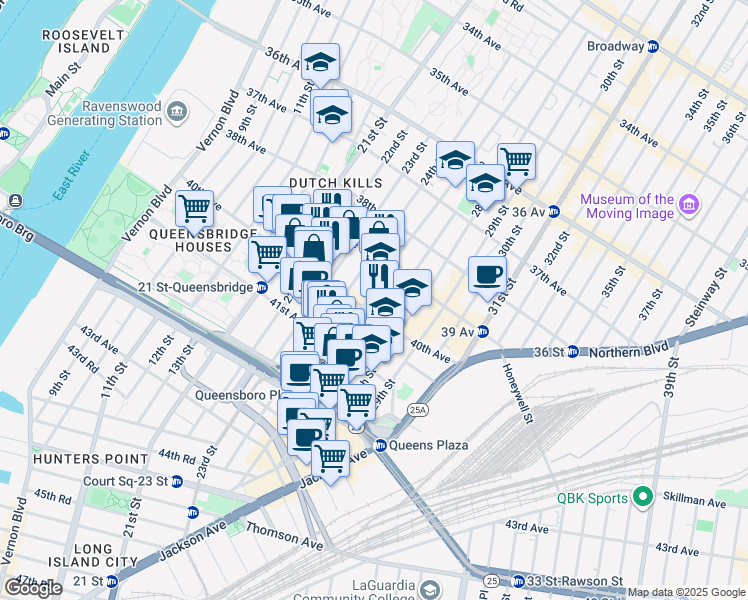 map of restaurants, bars, coffee shops, grocery stores, and more near 40-01 Crescent Street in Queens