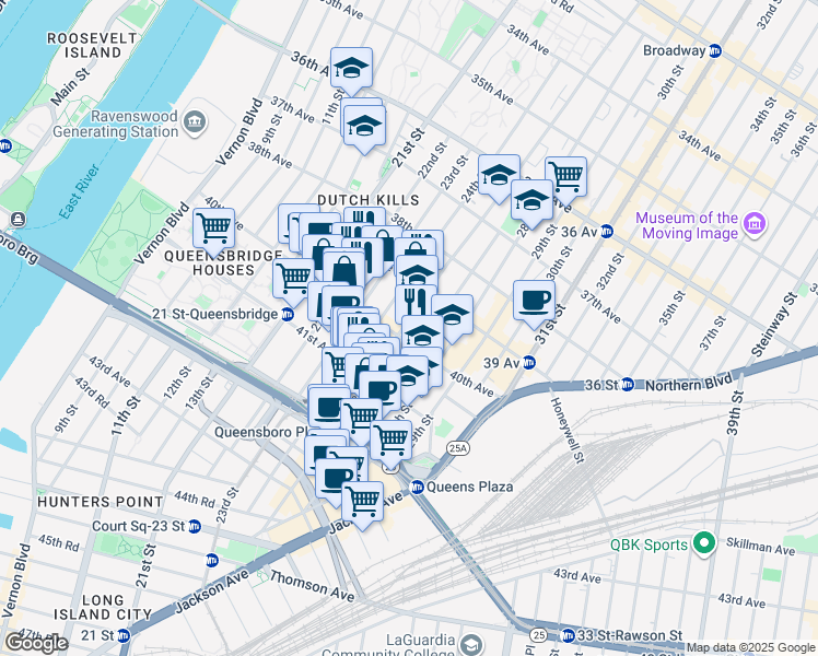 map of restaurants, bars, coffee shops, grocery stores, and more near 40-01 Crescent Street in Queens