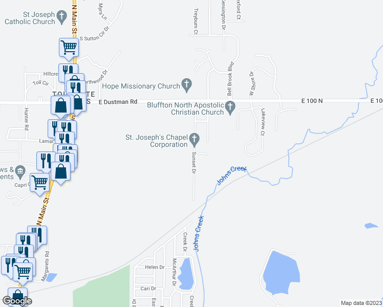 map of restaurants, bars, coffee shops, grocery stores, and more near 80 Sunset Drive in Bluffton
