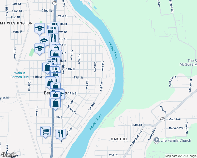map of restaurants, bars, coffee shops, grocery stores, and more near 117 13th Street in Beaver Falls