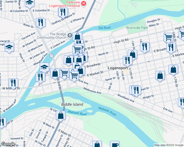 map of restaurants, bars, coffee shops, grocery stores, and more near 706 East Market Street in Logansport