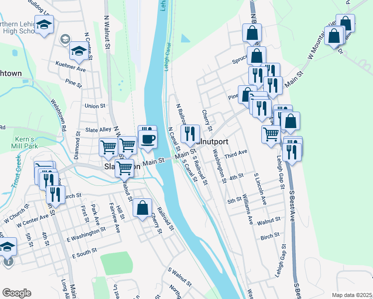 map of restaurants, bars, coffee shops, grocery stores, and more near 12 Baker Alley in Walnutport